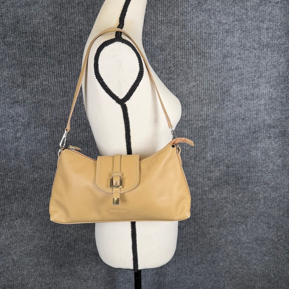 Marco Polo Made in Italy Leather Shoulder Bag Tan Hobo Purse Flap‎ Buckle Y2K